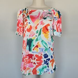 Chico's Hammered satin tee- daintree floral- orange tango-0